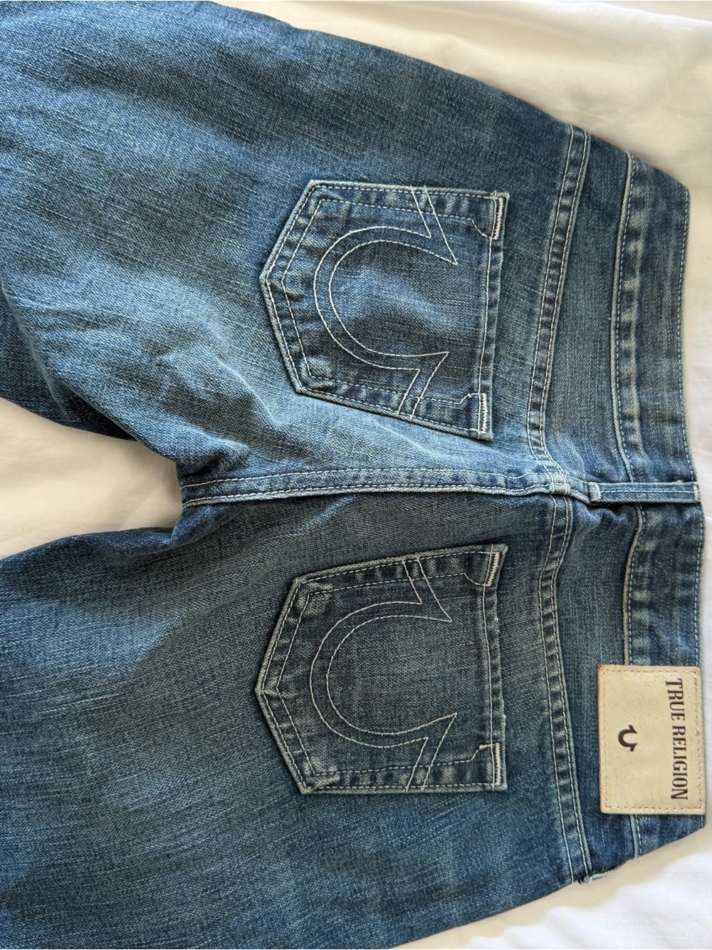 True Religion Men's Medium Blue Straight Jeans with Signature Back Pockets